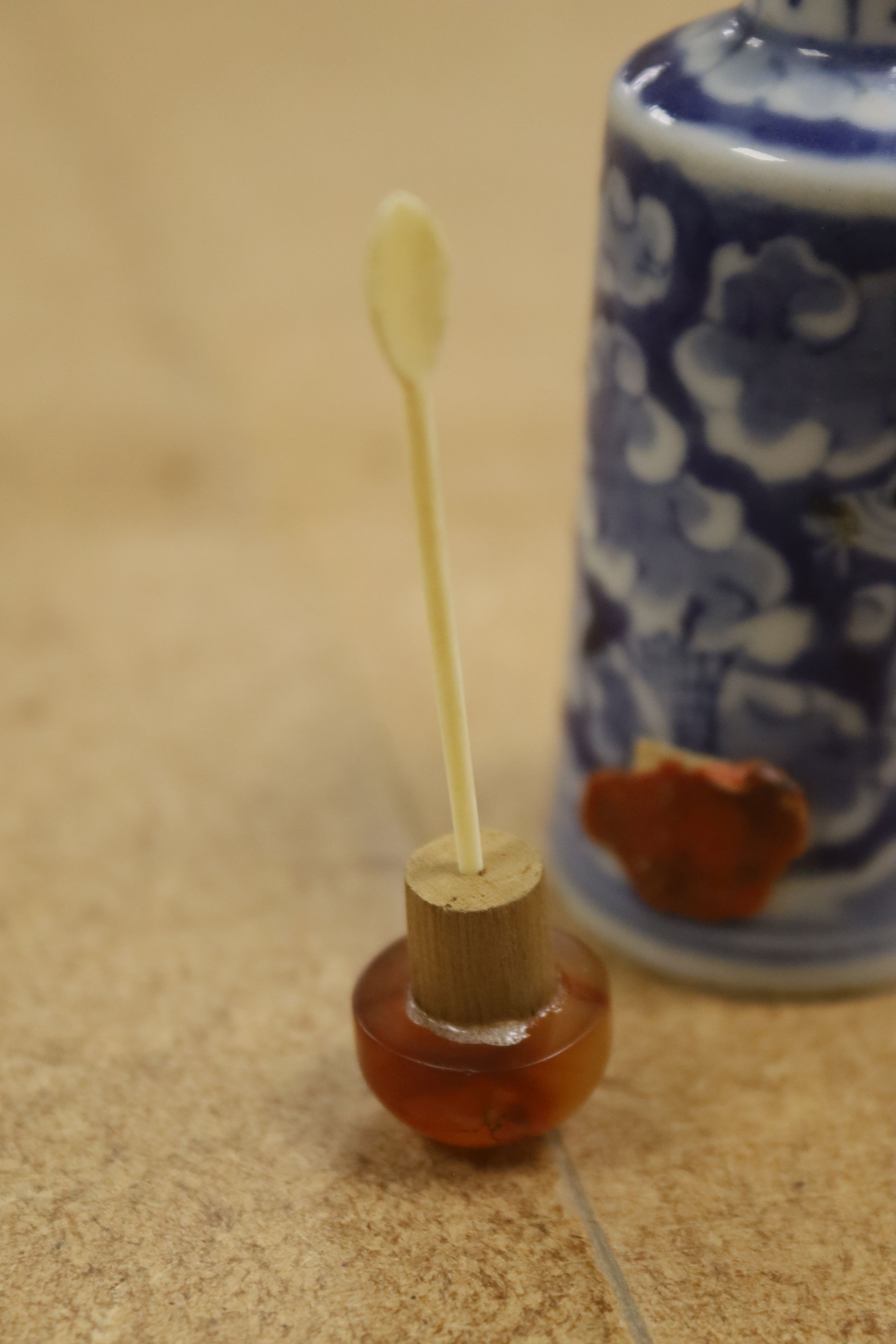 A Chinese blue and white snuff bottle, 9cm high including stopper